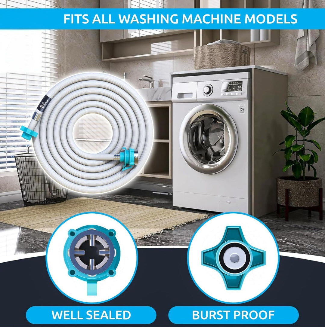 White flexible hose with blue connectors in front of a washing machine in a laundry room.